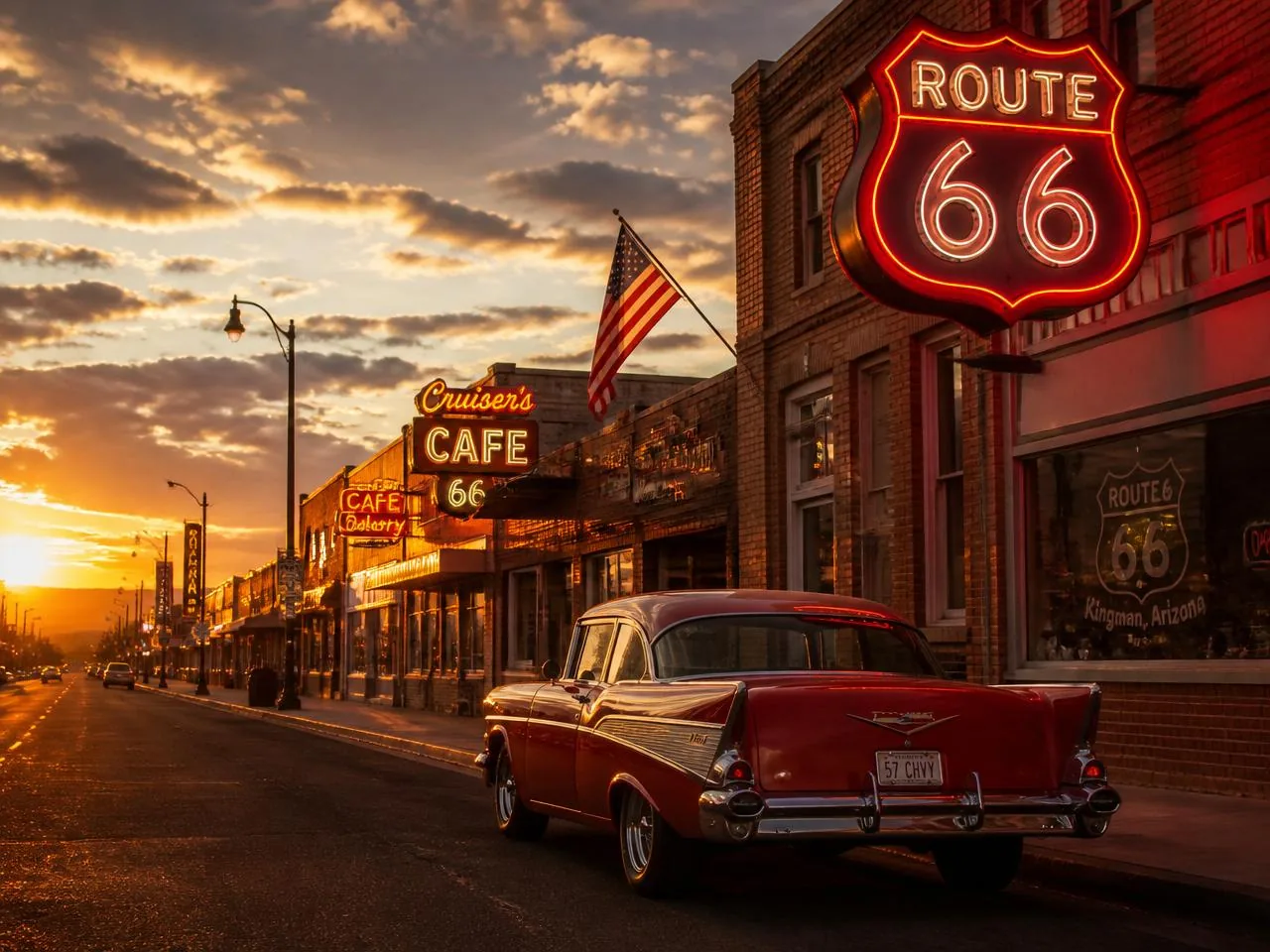 Downtown Kingman Route 66 at sunset with vintage neon signs