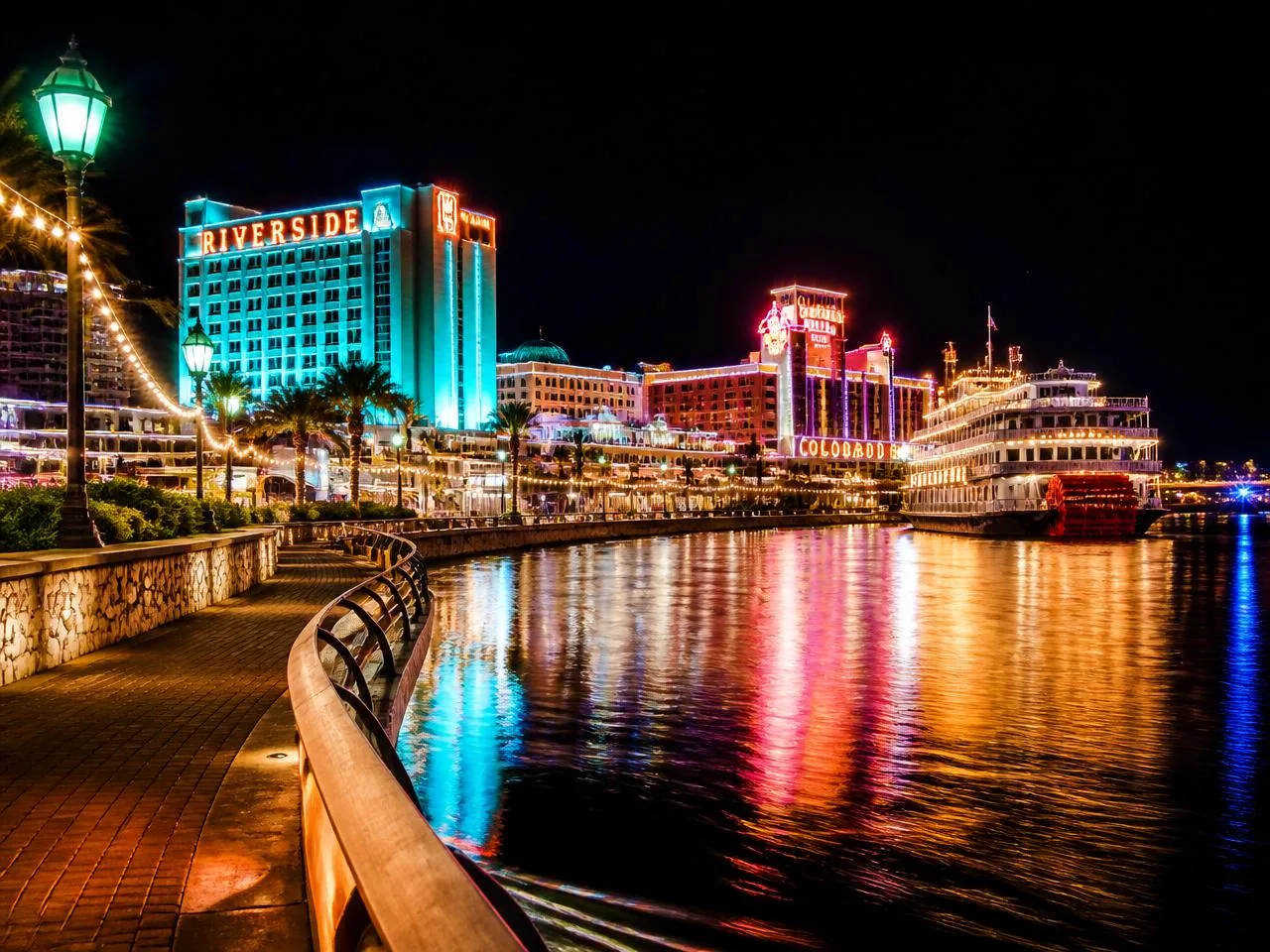 Laughlin Nevada Riverwalk casinos lit up at night